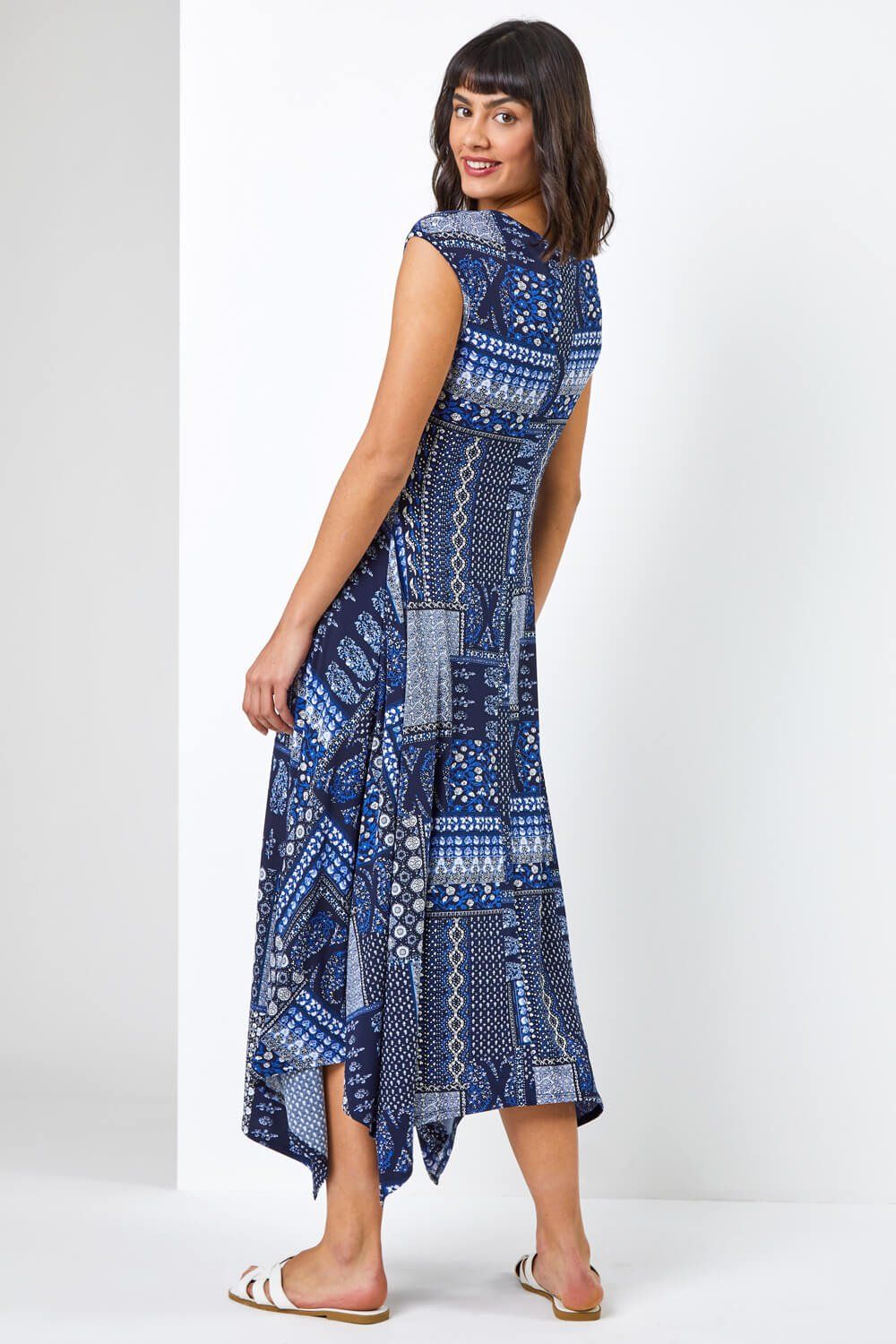 Roman Patchwork Stretch Hanky Hem Asymmetric Dress