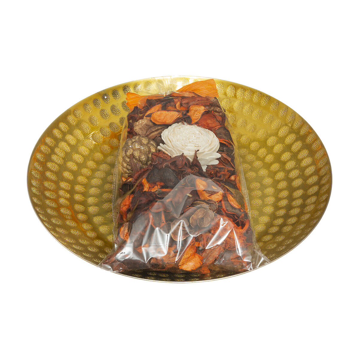 Pot-pourri baunilha com prato de metal dourado