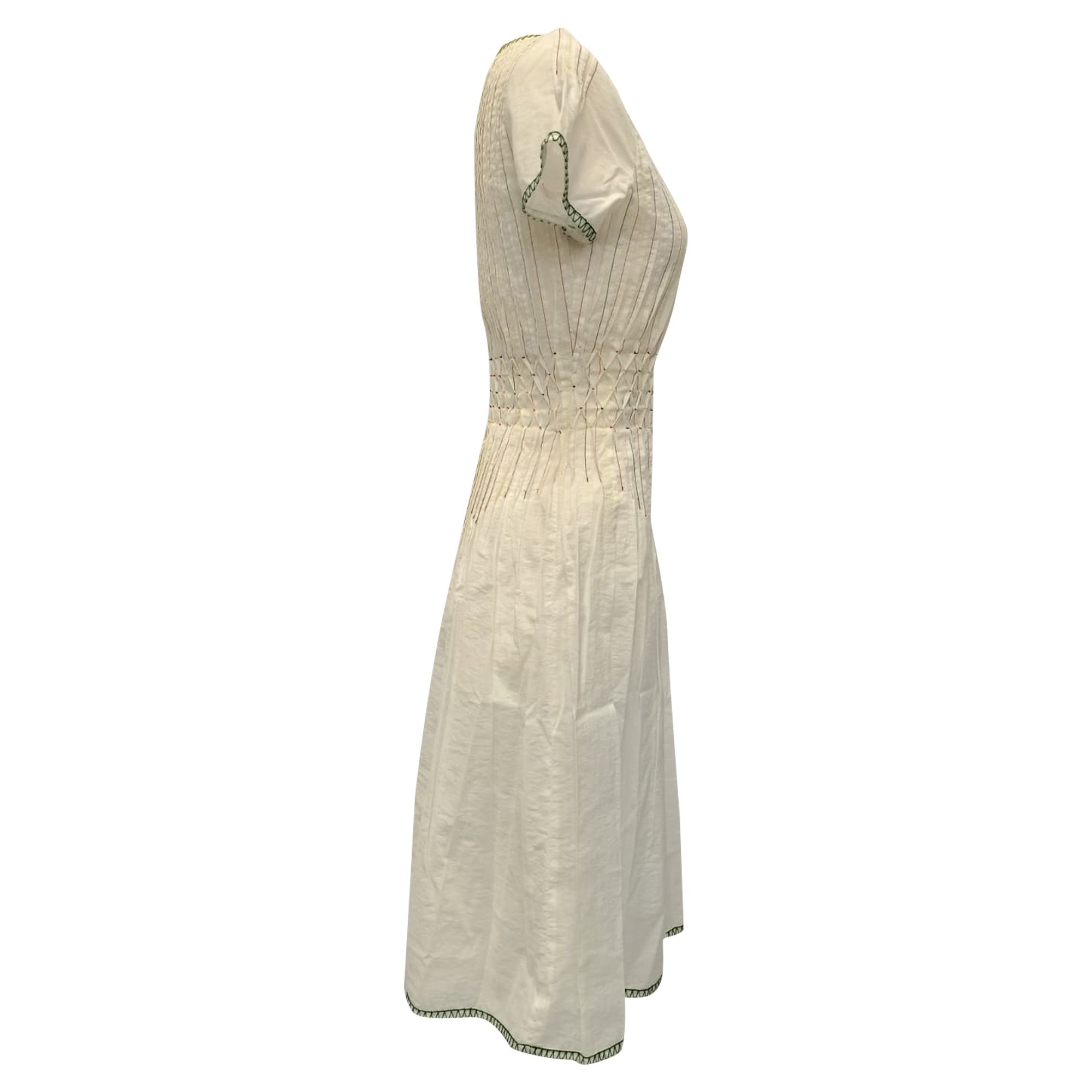 Bottega Veneta Preloved Short Sleeve Colorful Stitch Midi Dress in White Cotton
