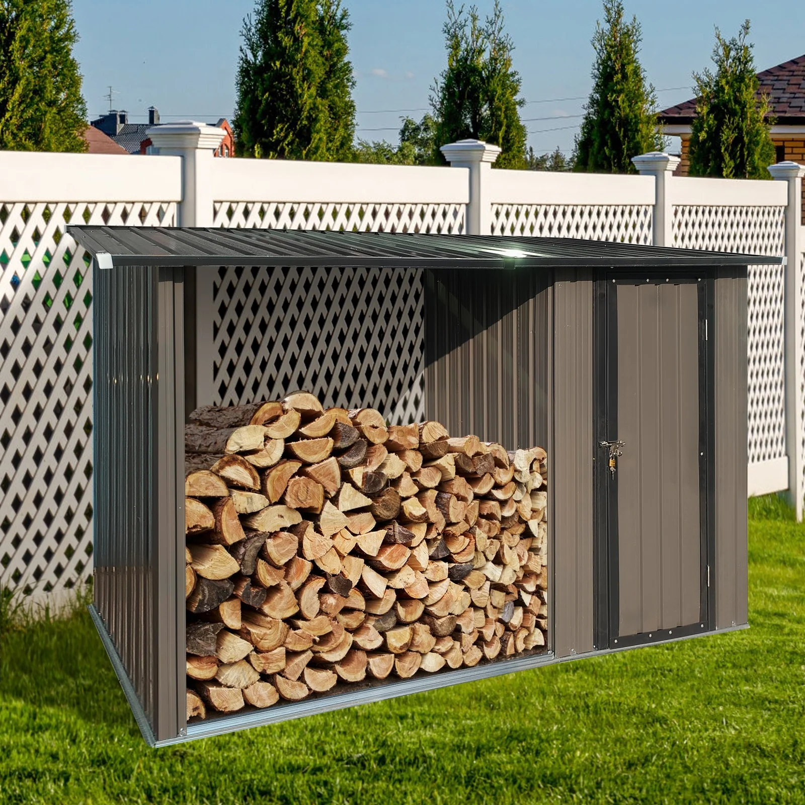 GDFStudio - Griffin Outdoor Metal Firewood Rack and Shed Combo with Open Front and Sloped Roof Design