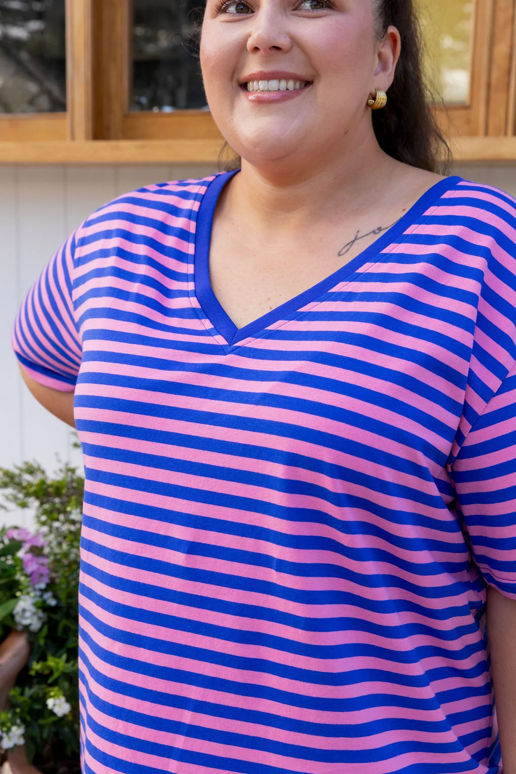 Striped V-Neck Tee in Pink/Cobalt