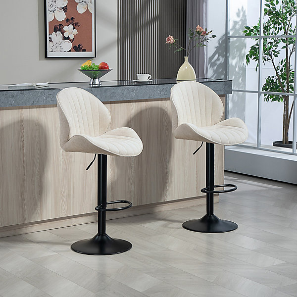 Lot de 2 tabourets de bar design coquillage pivotants réglables acier noir tissu chenille beige