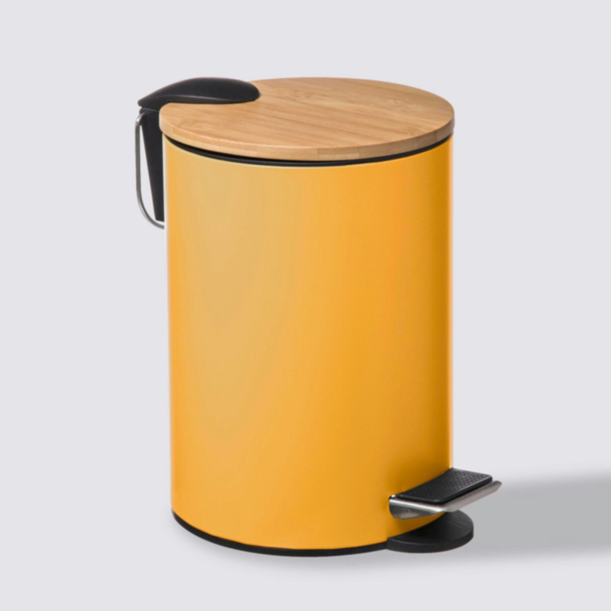 - Poubelle salle de bain métal jaune couvercle bambou - 3L