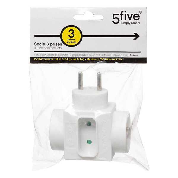 Multiprise murale 2 prises avec terre et 1 prise fiche - Blanc- 5five