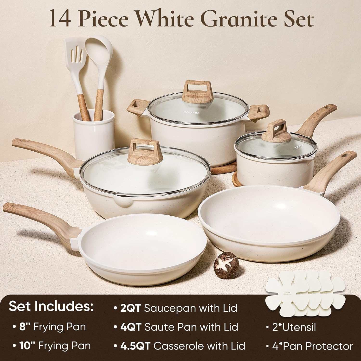 CAROTE 14 Pcs Pots and Pans Set Nonstick,Cookware Set Kitchen Cooking Set with Utensil and Pan Protectors