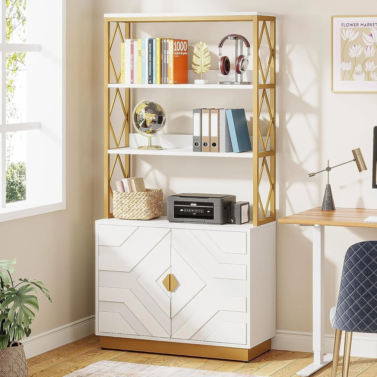Modern 70.9 In Tall Bookshelf, White and Gold Display Shelf with Doors