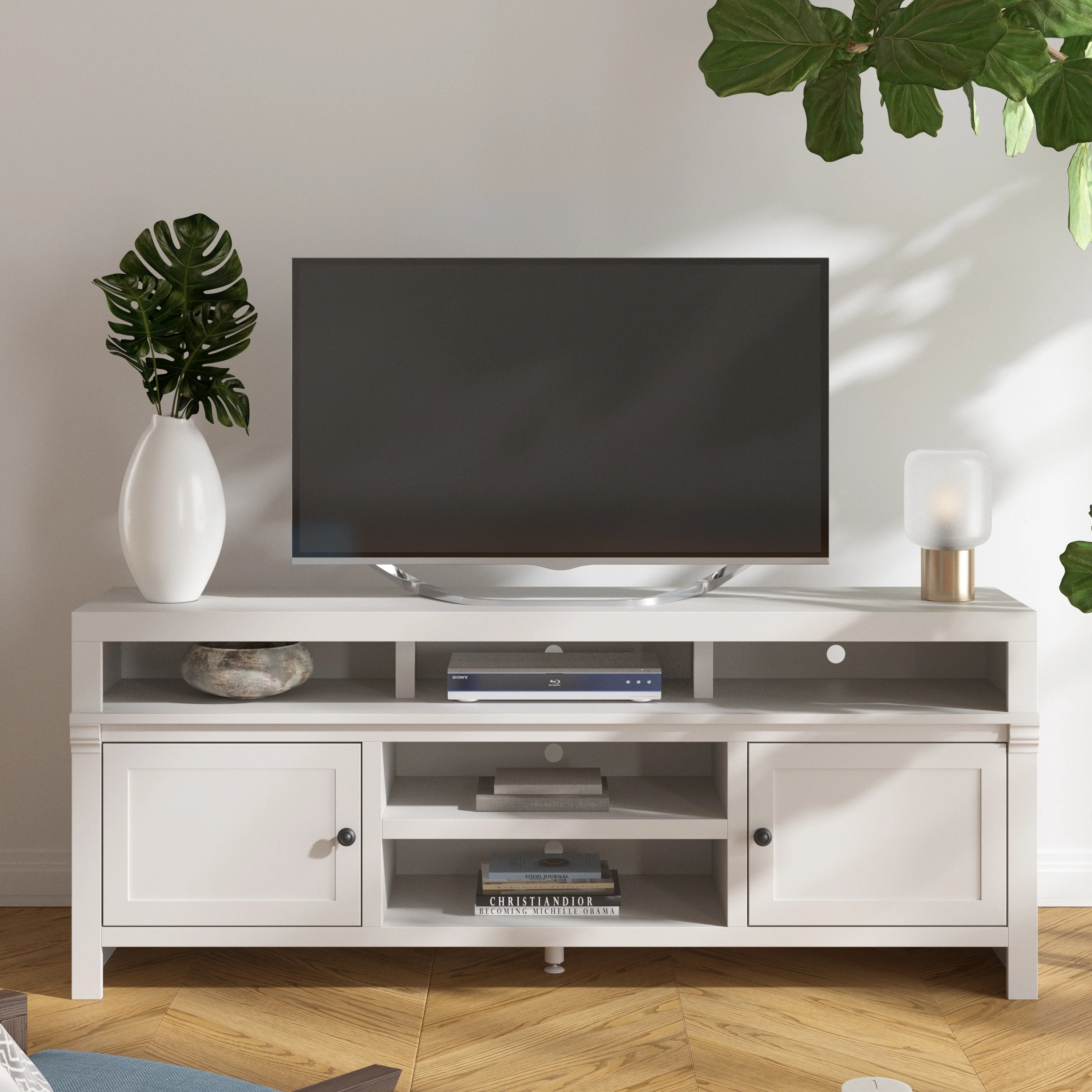 Bridgevine Home Modern 75 inch TV Stand Conosle for TVs up to 85 inches, No Assembly Required, White Finish - 75 Inch