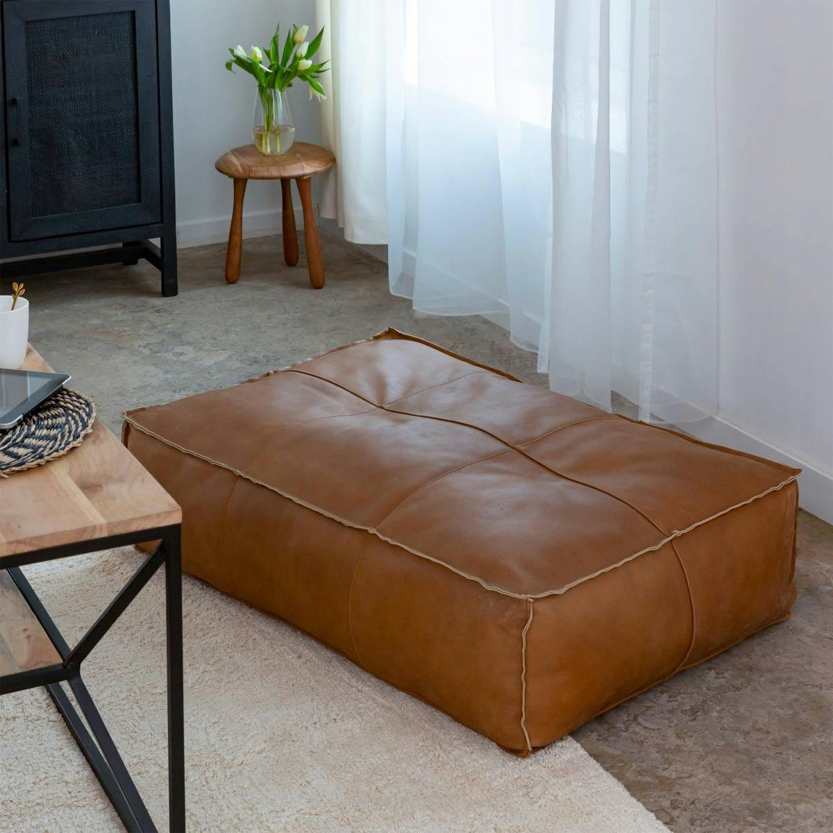 MINA - Banc en cuir et croûte de cuir marron 90 cm