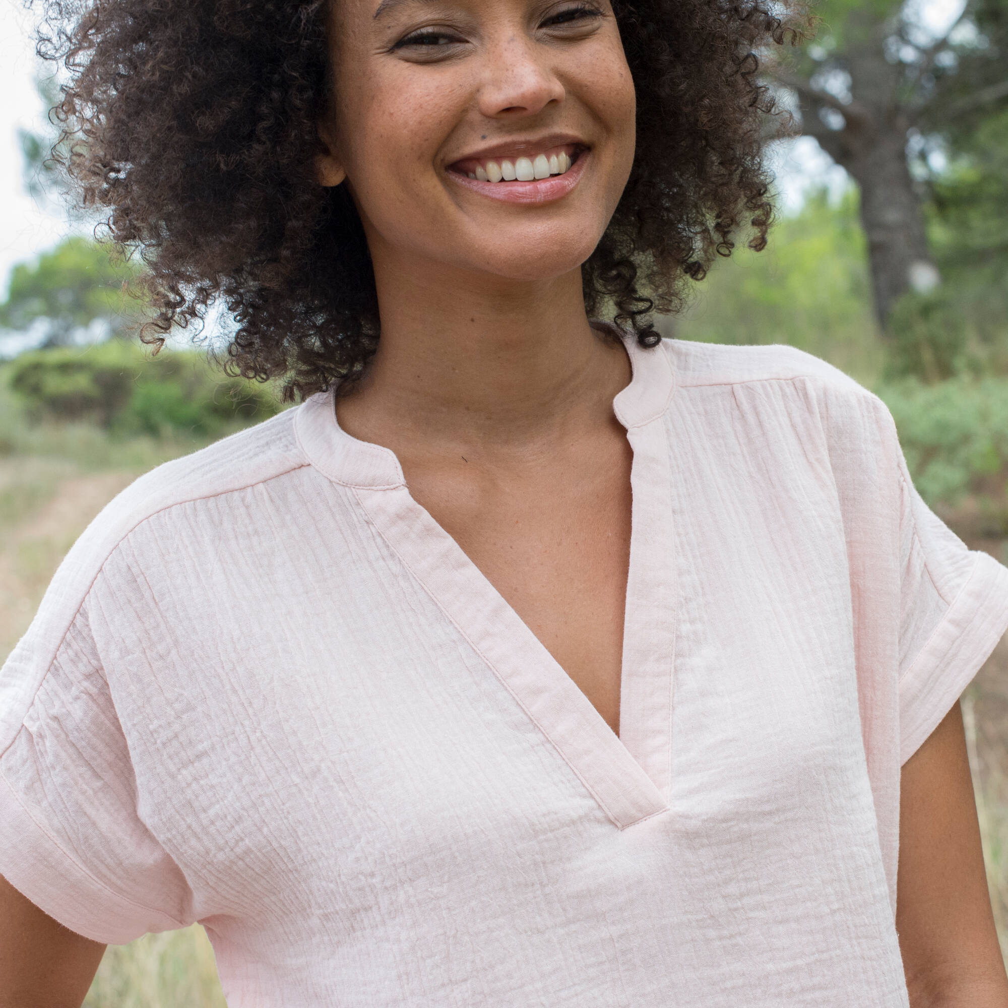 Blouse col tunisien unie en double gaze de coton