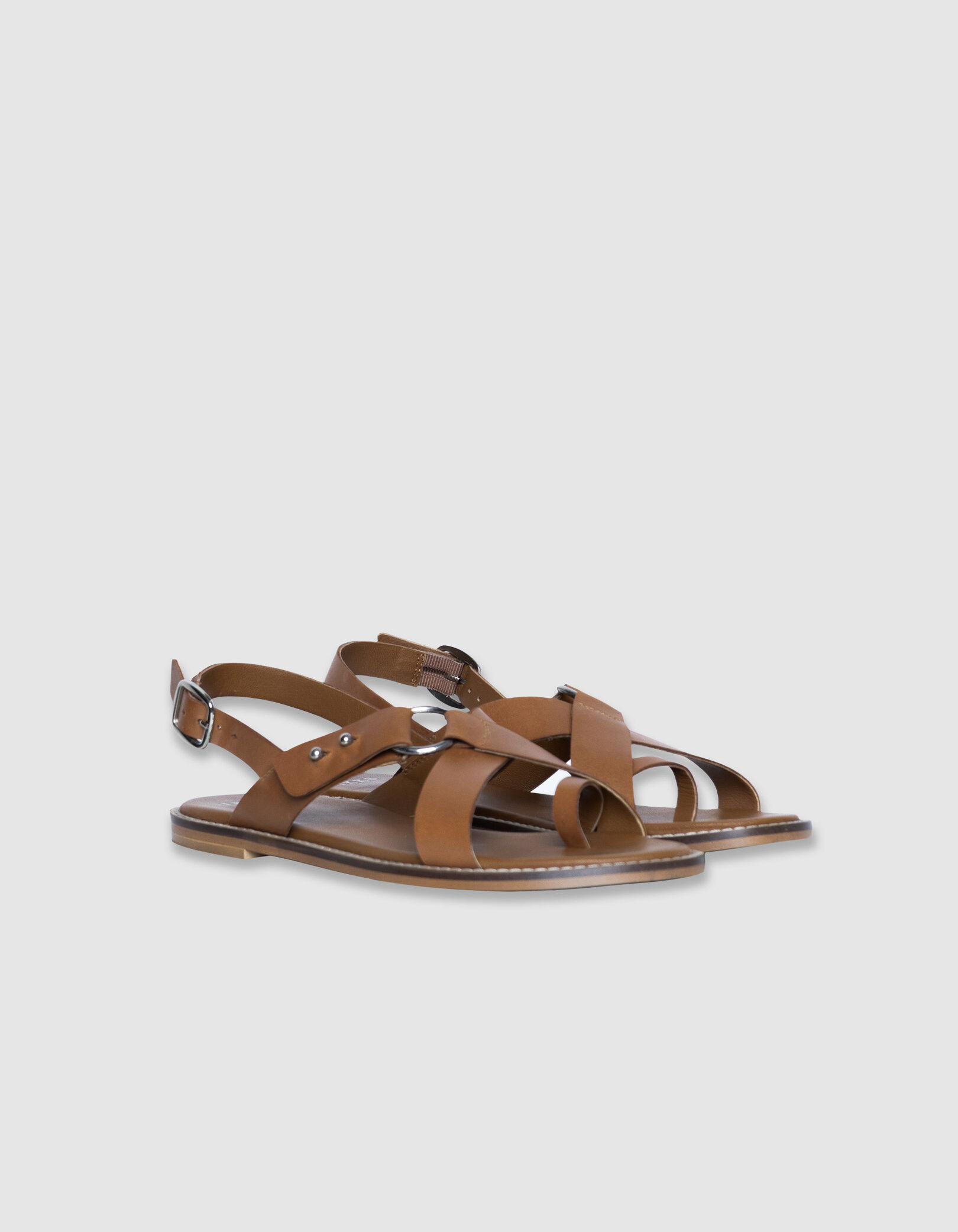 Sandales entredoigt plates camel cuir Femme