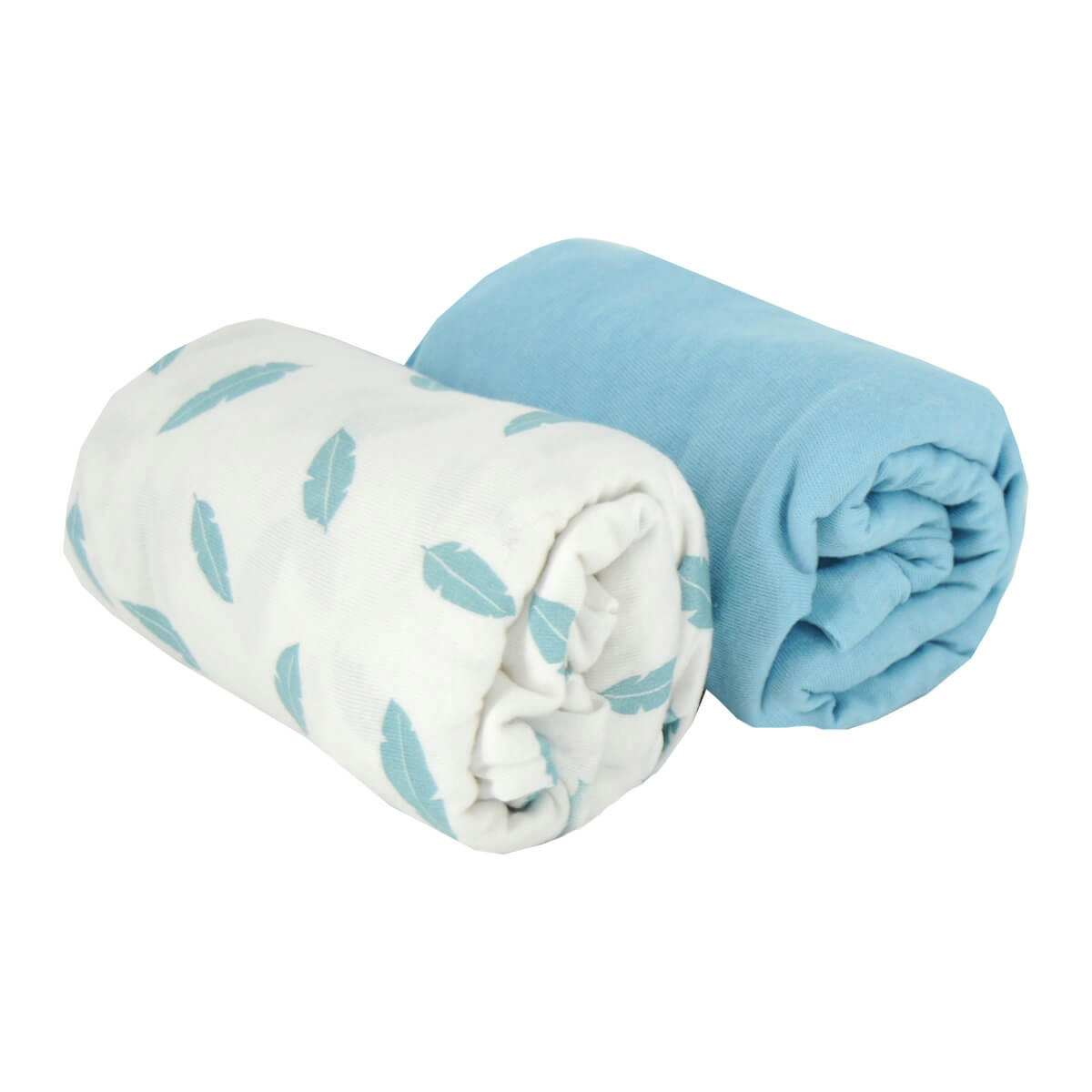 PLUMES - Lot de 2 draps housse bébé bleu et blanc en coton 70x140 cm