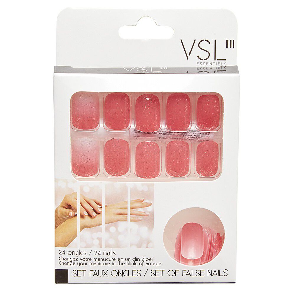 Kit faux ongles pailletés roses 24 pièces
