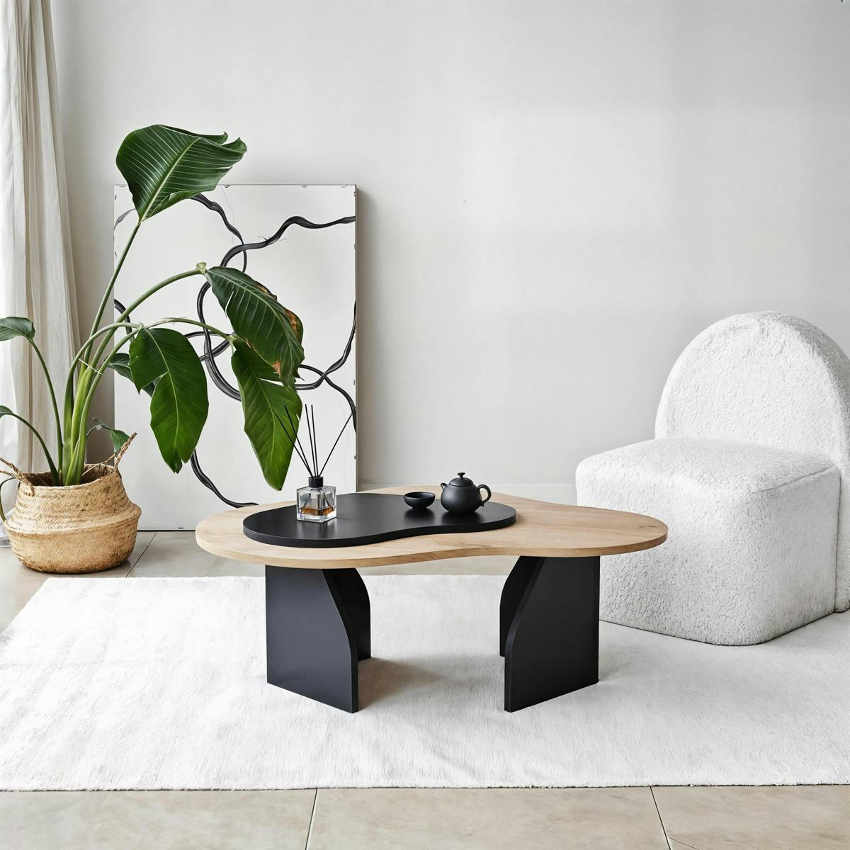 Table basse design organique noire et effet bois, 2 plateaux MARFA