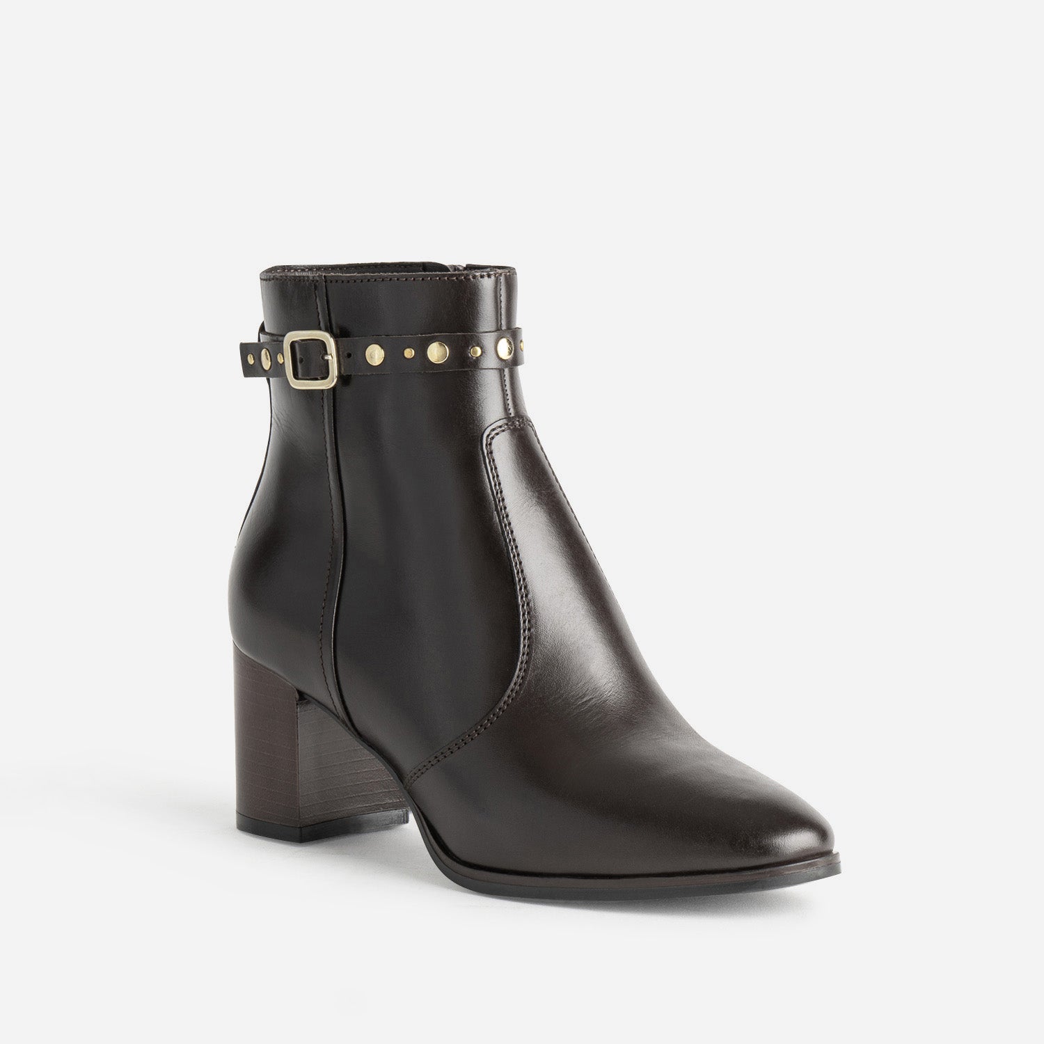 Boots à talon marron cuir bride cloutée