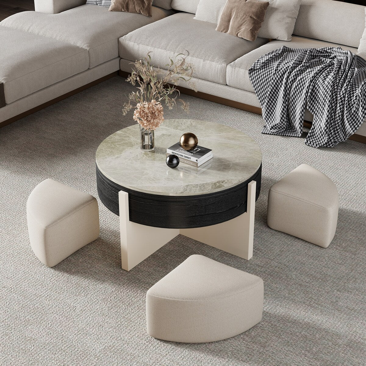 31.5 Modern Coffee Table, Lift Top Coffee Table with 3 Ottomans, Black - 31.5 X 31.5