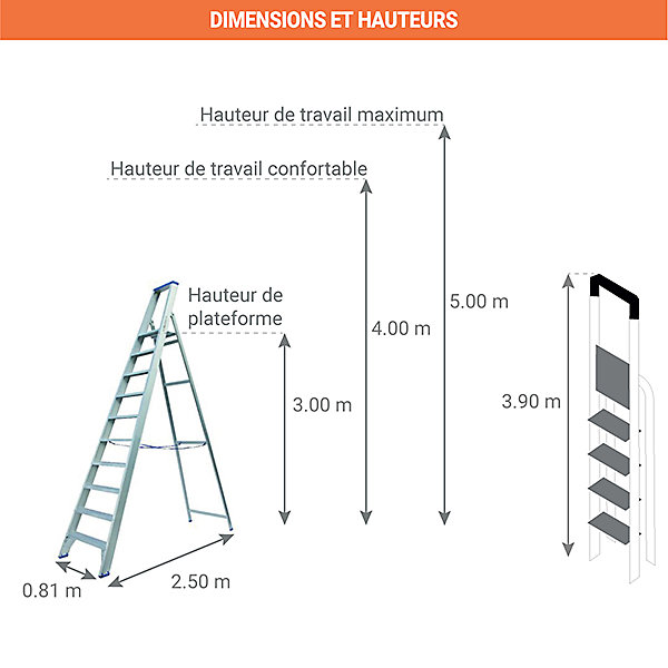 Escabeau alu 12 marches - Hauteur max. de travail 5.00m - PT12
