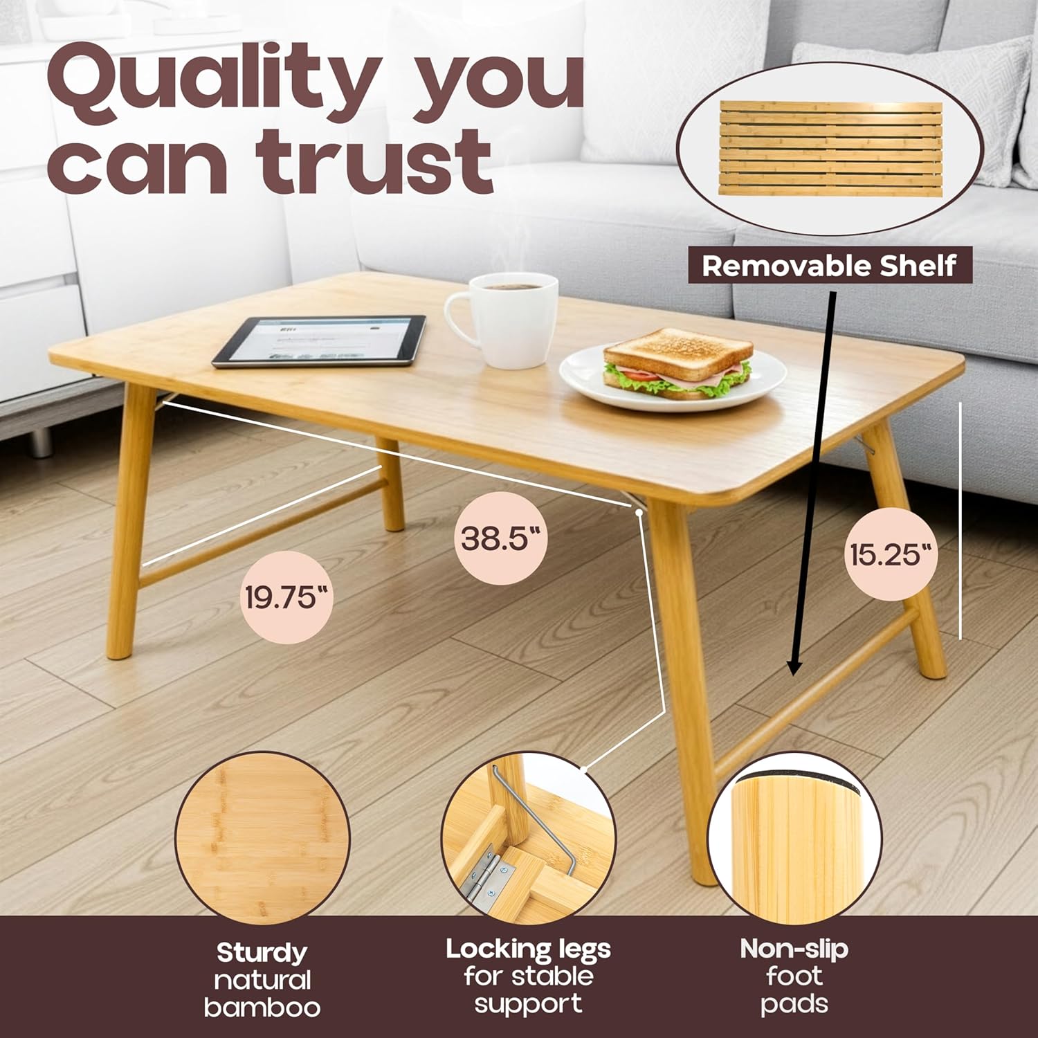 TelTopia Compact Folding Coffee Table – Foldable Collapsible Bamboo Table for Small Living Rooms, Apartments & Dorms – Portable with Removable Shelf & Bag