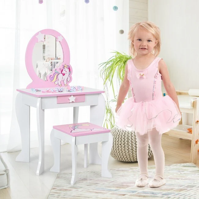 Kids Wooden Makeup Dressing Table and Chair Set with Mirror and Drawer - 19 x 14 x 35 (L x W x H)