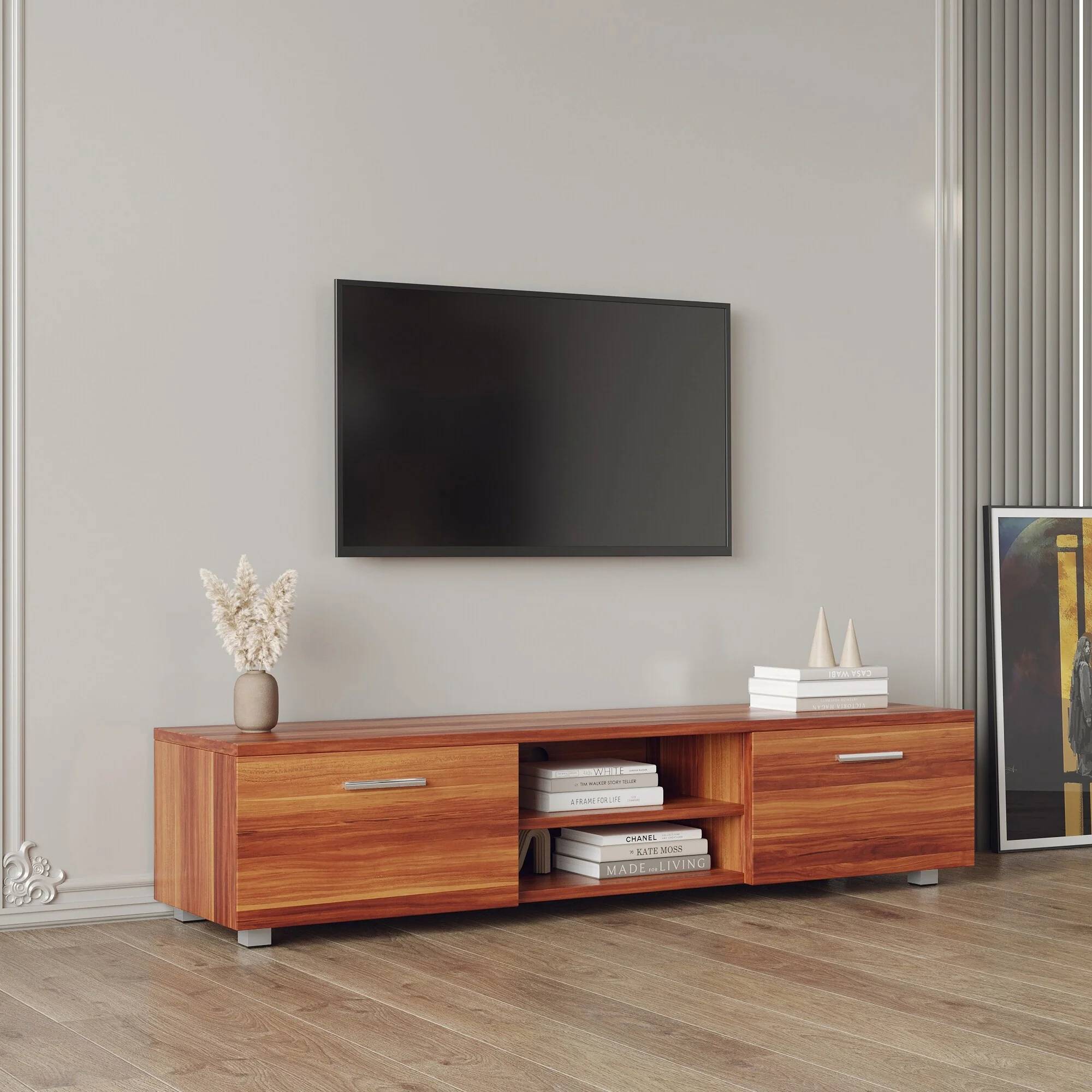 Walnut 63 Modern TV Stand with Open Shelves & Cabinets for TVs Up to 70