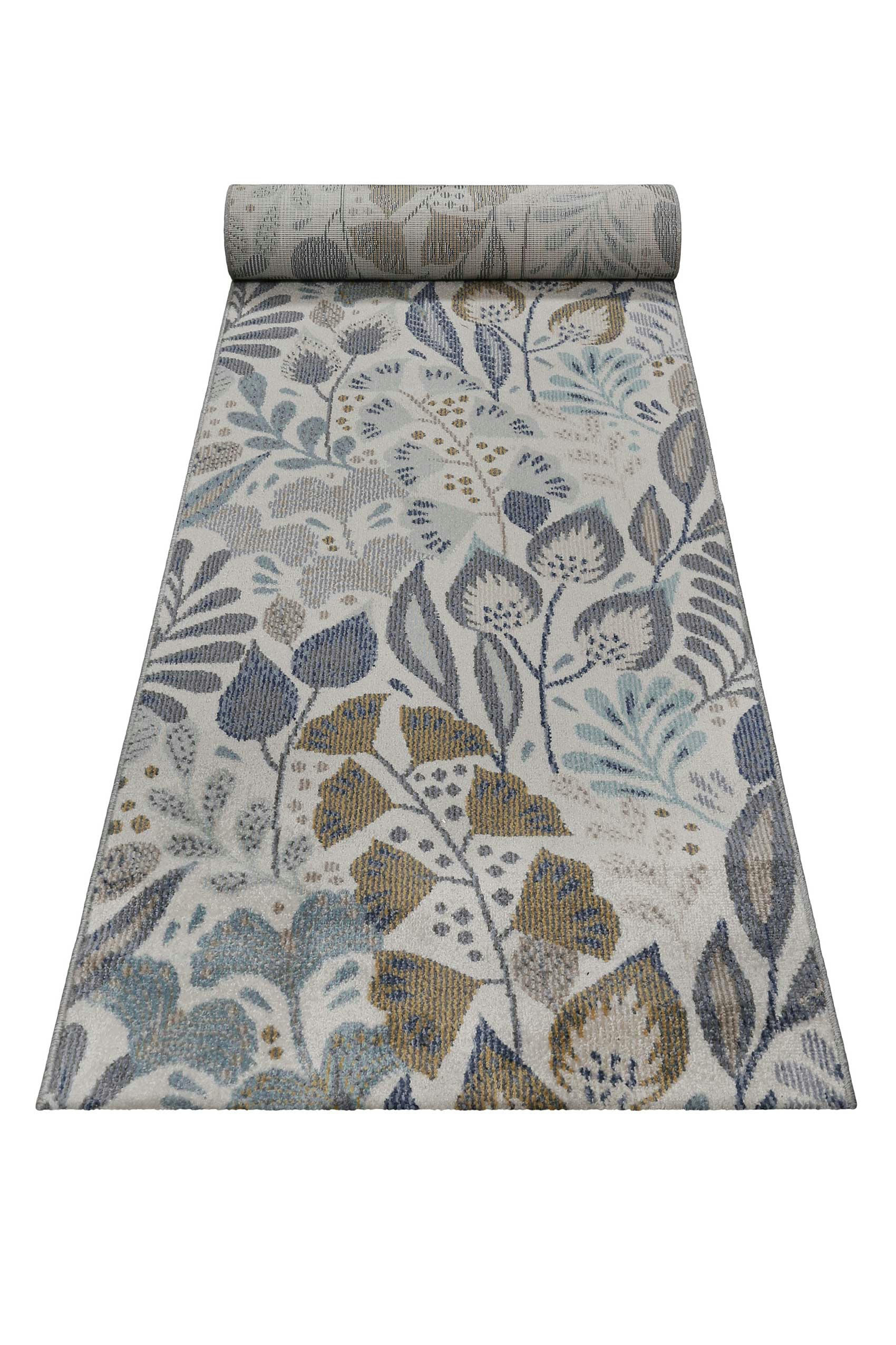 LILLY - Tapis de couloir bleu et beige thème floral pour entrée 80x400
