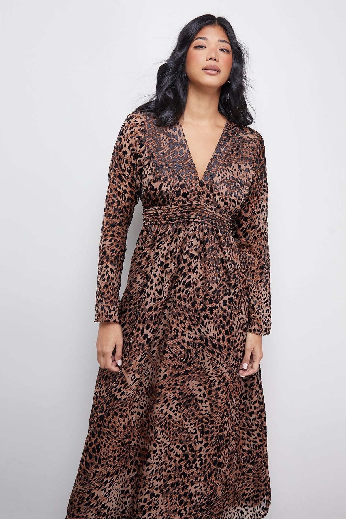 Warehouse Petite Burnout Velvet Plunge Neck Waisted Midi Dress