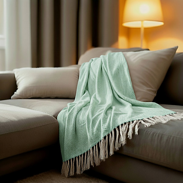 Couverture plaid 100% coton bleu turquoise avec franges 180x220cm ZIGORA - SACASA
