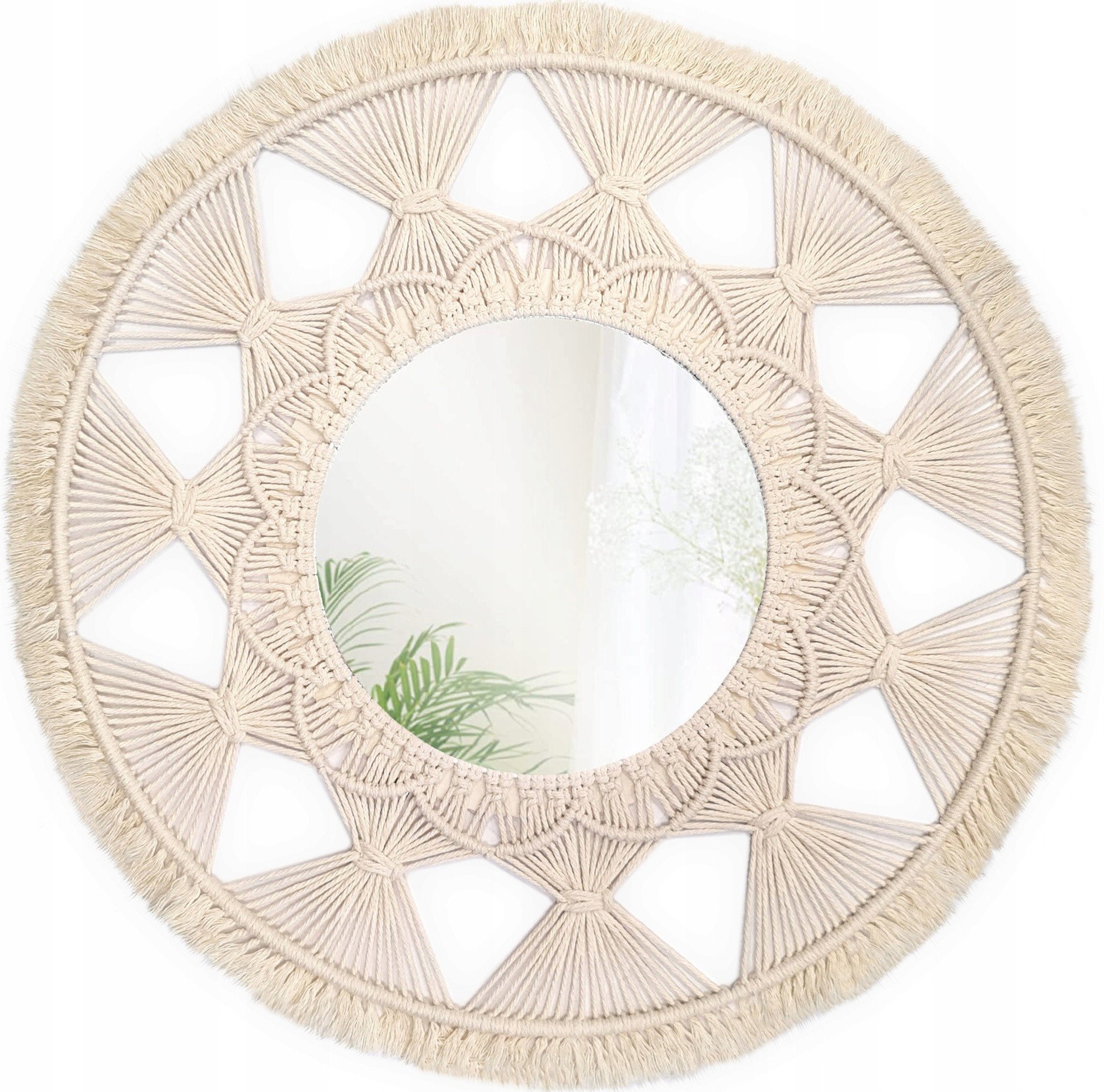 Okrągłe Lustro Boho Makrama Ścienne 53Cm Naturalne 322050