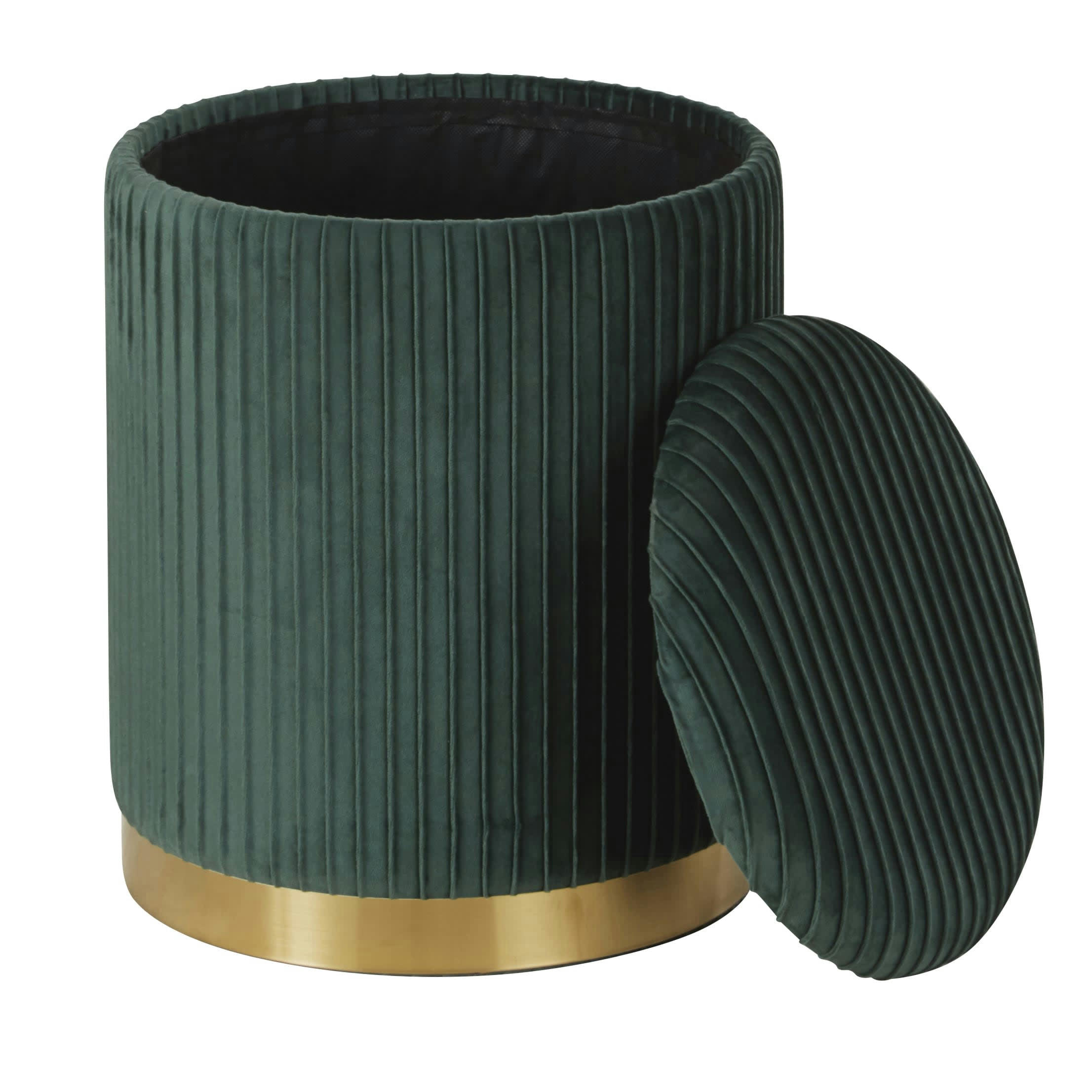 LEOCADIE - Pouf coffre rond en velours vert et métal doré