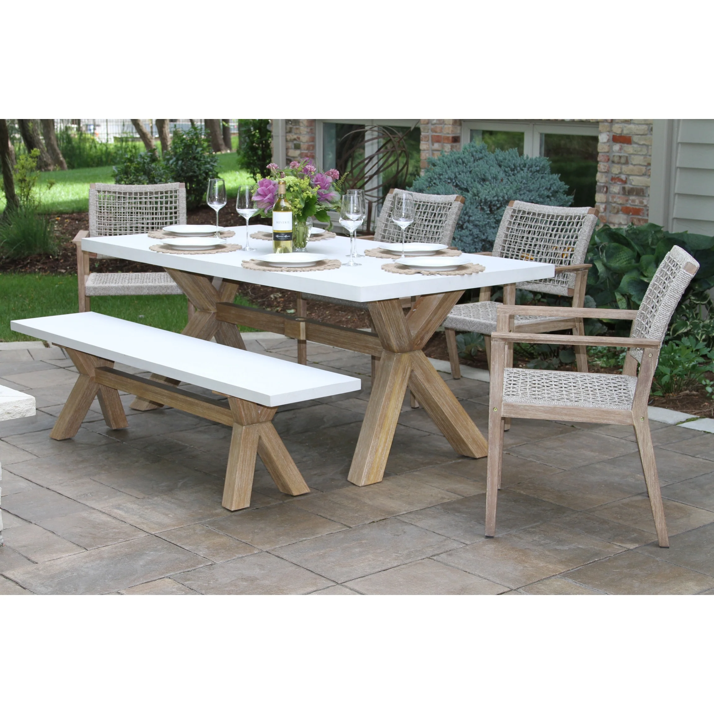 Cordelia 6-Piece Ivory Composite and Eucalyptus Wash Dining Set With Bench