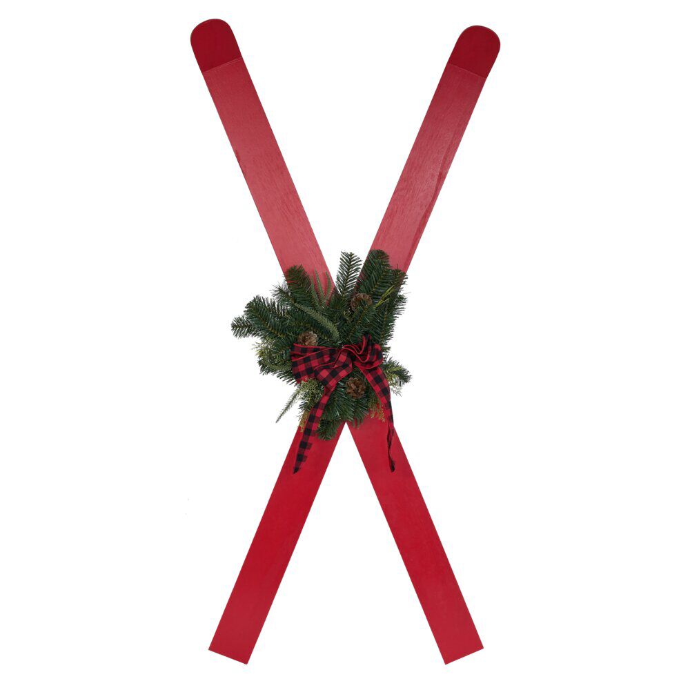 Décoration à poser ski bois rouge x2