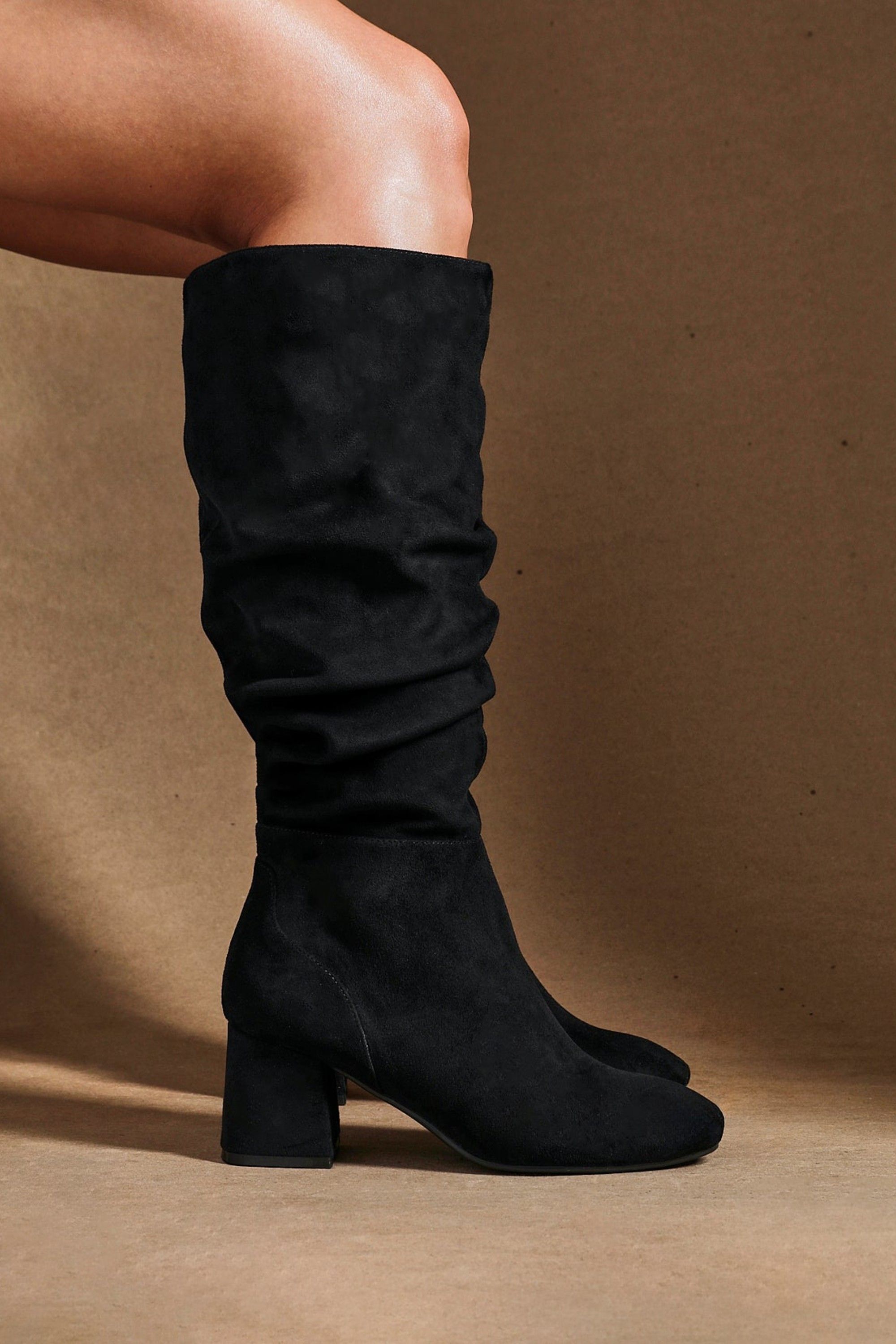 Linzi Inferno Wide Fit Black Faux Suede Ruched Long Heeled Boot