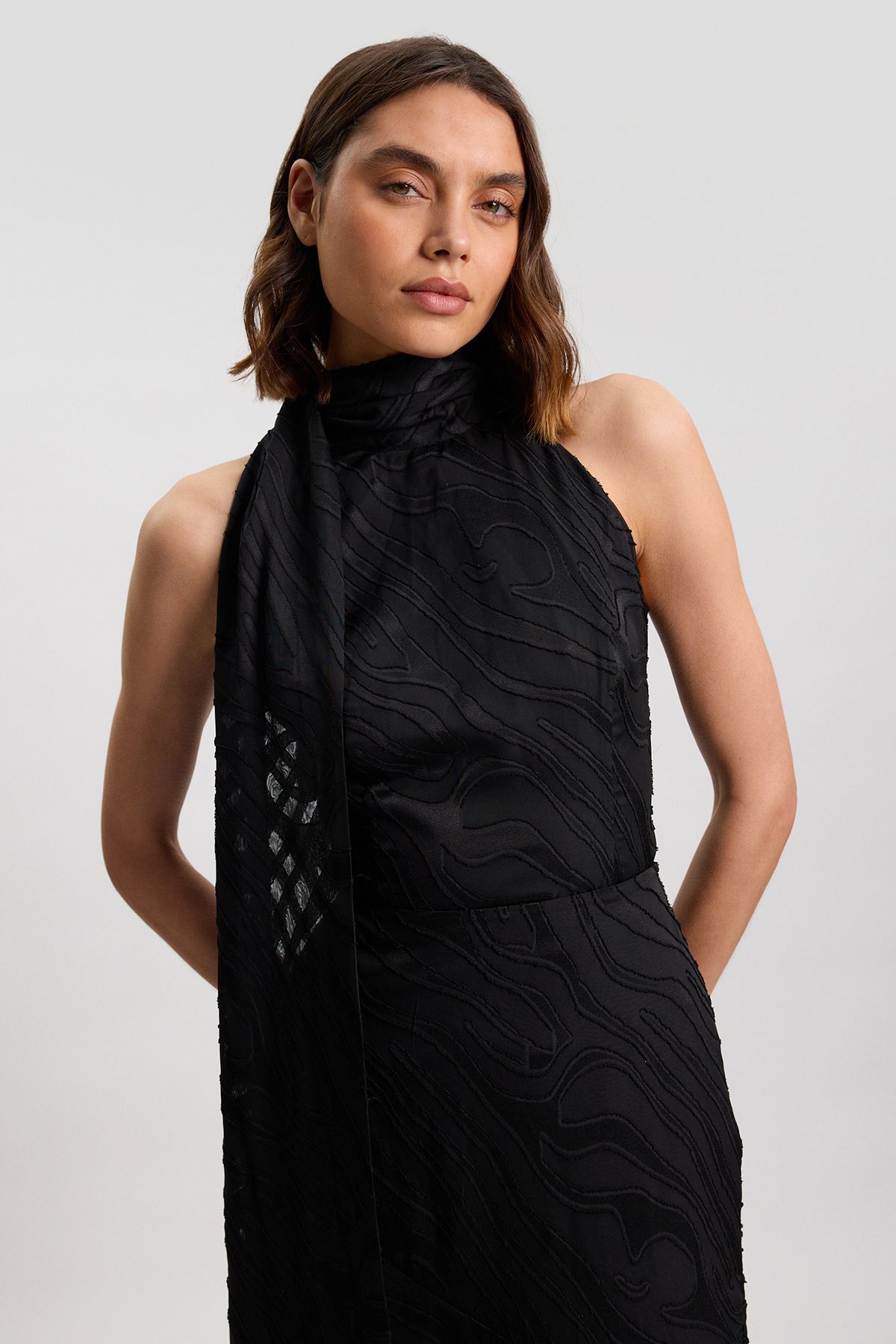 KarenMillen Slub Self Stripe Scarf Detail Woven Blouse