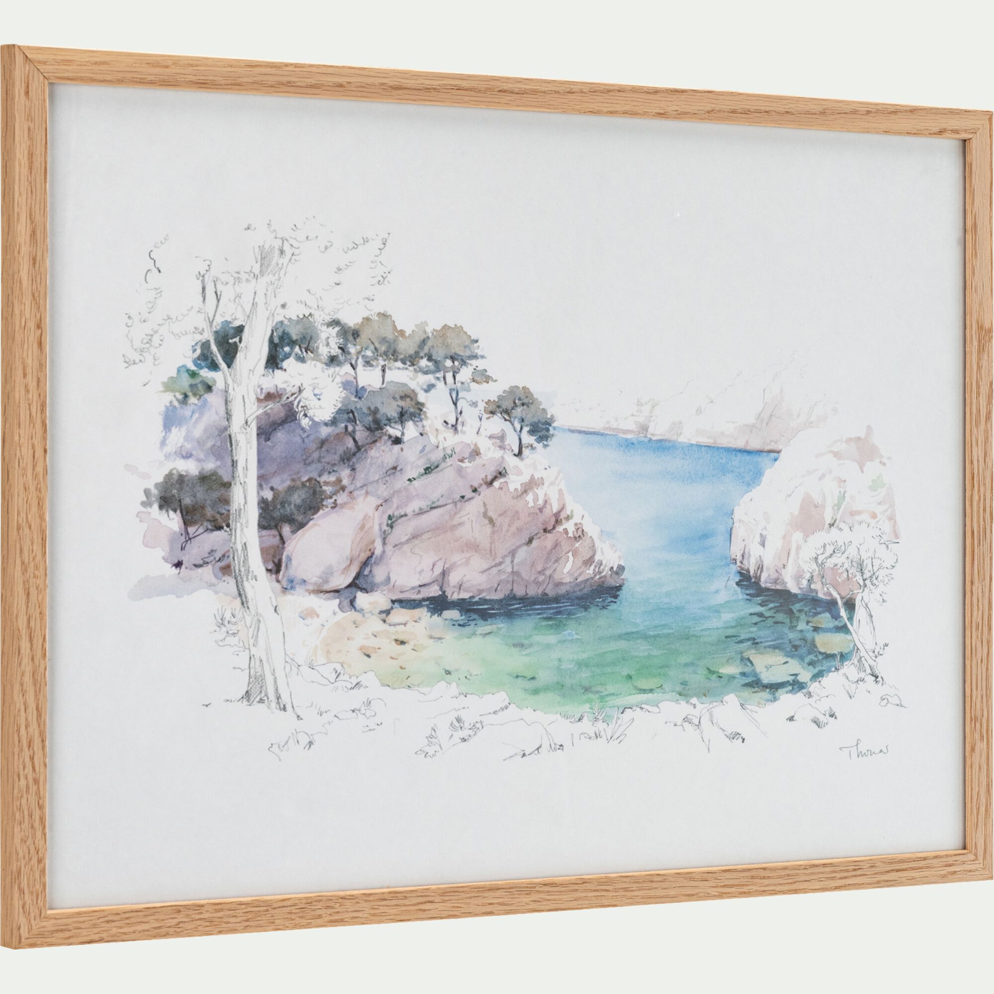 KALANCA - Aquarelle encadrée crique 38x53cm - bleu