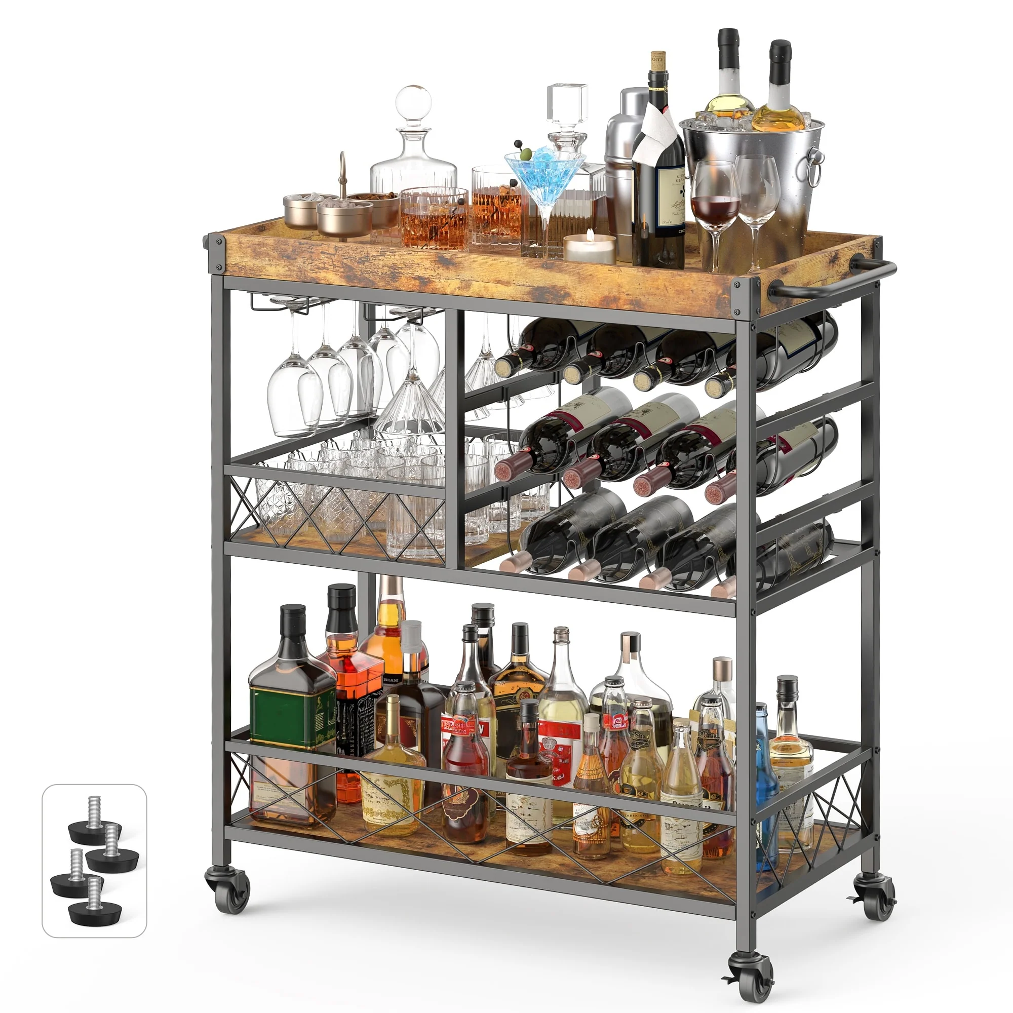 Bar Serving Cart, Bar Cabinet, Mobile Wine Cart with Lockable Wheels