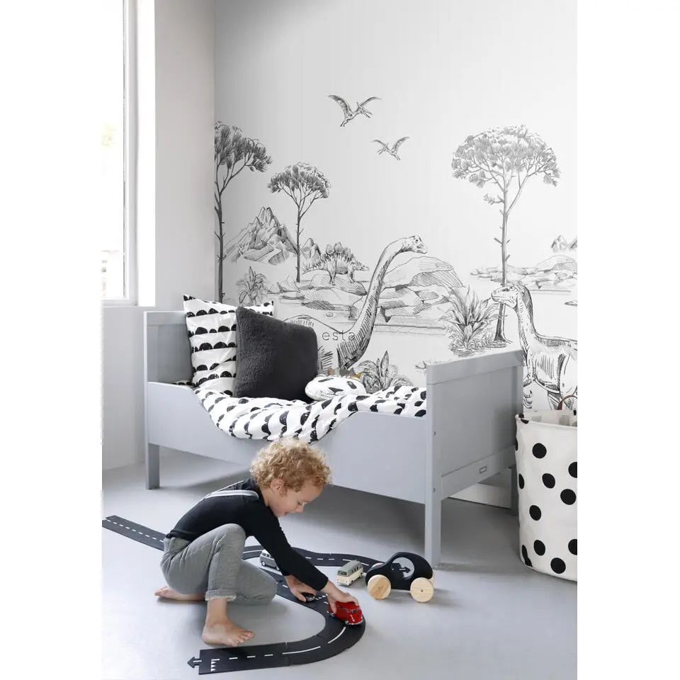 ESTAhome fotobehang dinosaurussen zwart wit - 300 x 279 cm