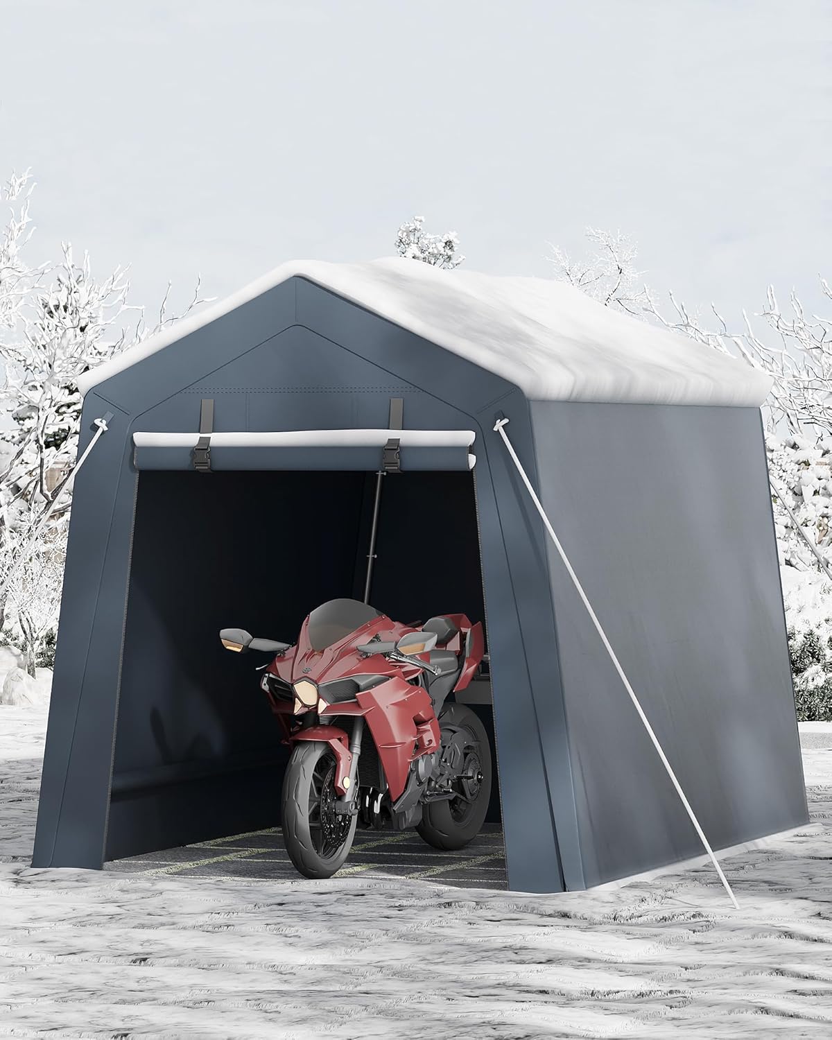 Garvee 6x8x7FT Outdoor Storage Shed Tent, Portable Carport Garage Shelter with Vent & Roll-Up Zipper Door, 240G Waterproof PE Tarp, UV-Resistant Canopy for Motorcycle Bike Tools Lawn Mower, Grey