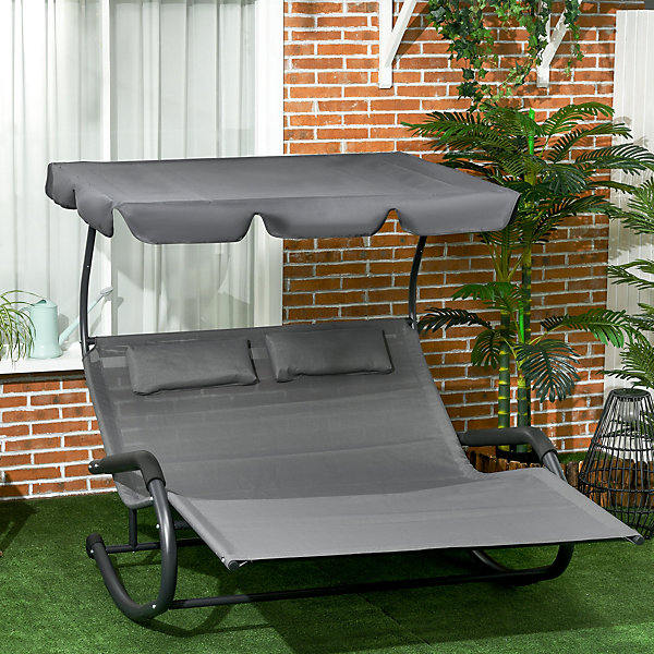 Balancelle bain de soleil double avec toit pare-soleil, roulettes et coussins appui-tête, 200 x 139 x 140 cm, gris foncé