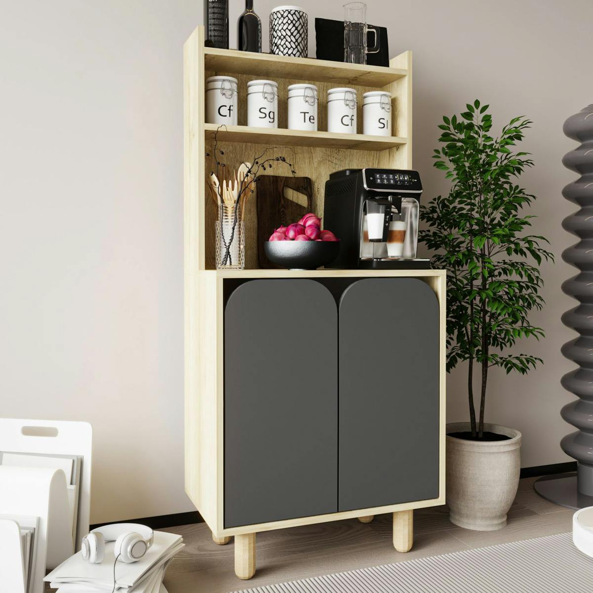 Vaisselier de cuisine 2 portes courbes grises VAREN