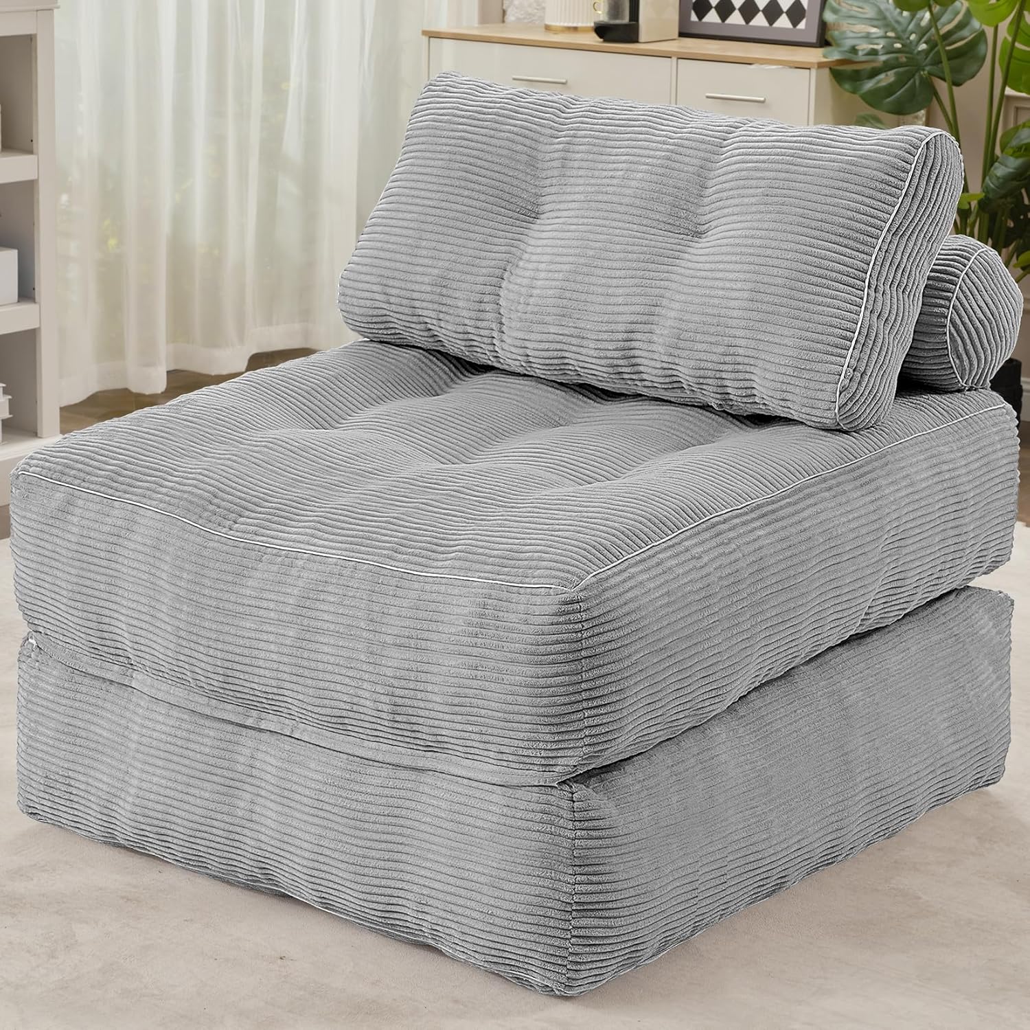 HABUTWAY Folding Sofa Bed, Convertible Sleeper Chair Bed w/Dual-Pillow & Handle, Foldable Floor Sofa Lounge w/Back Support for Living Room, Bedroom, Apartment, Office, Single, Light Grey