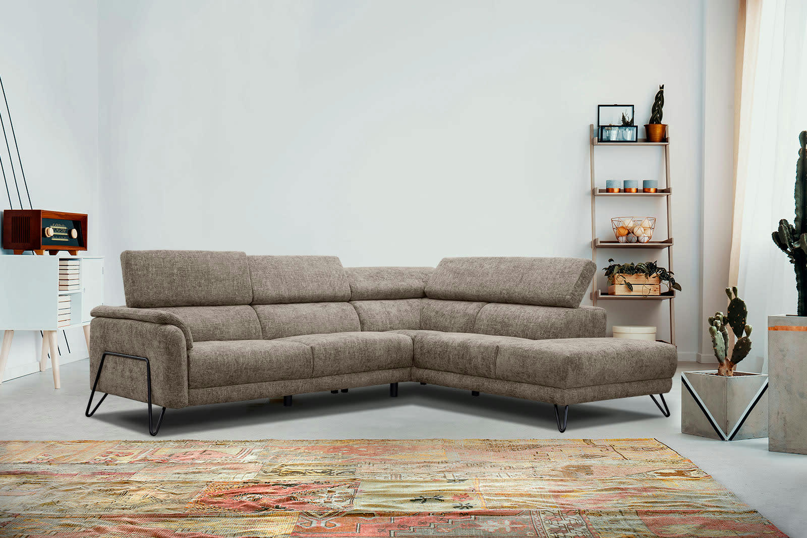 RODEN - Canapé d'angle droit 5 places tissu beige foncé