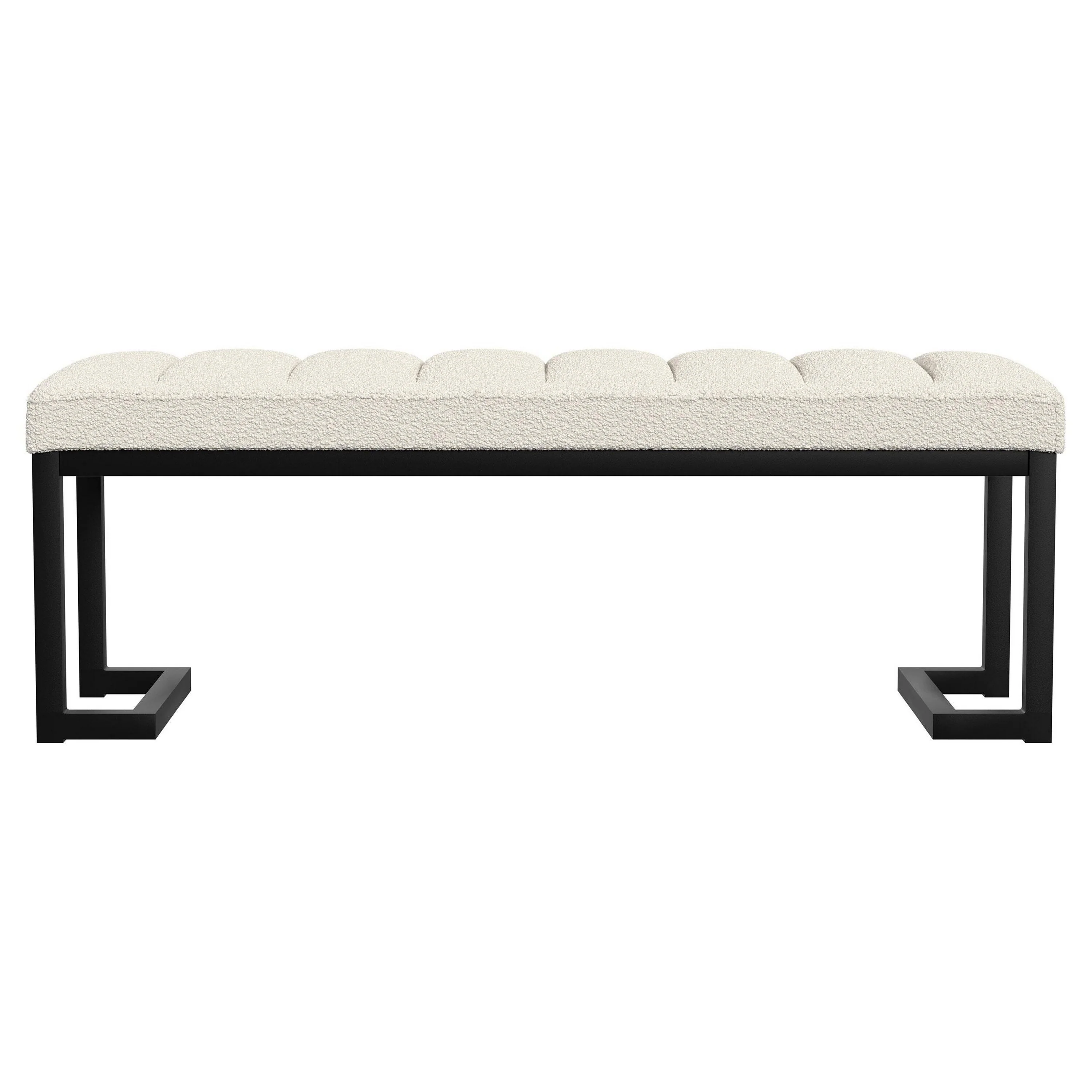 Mezza Accent Bench, Tufted Ivory Boucle Fabric, Black Metal, 48 Inch