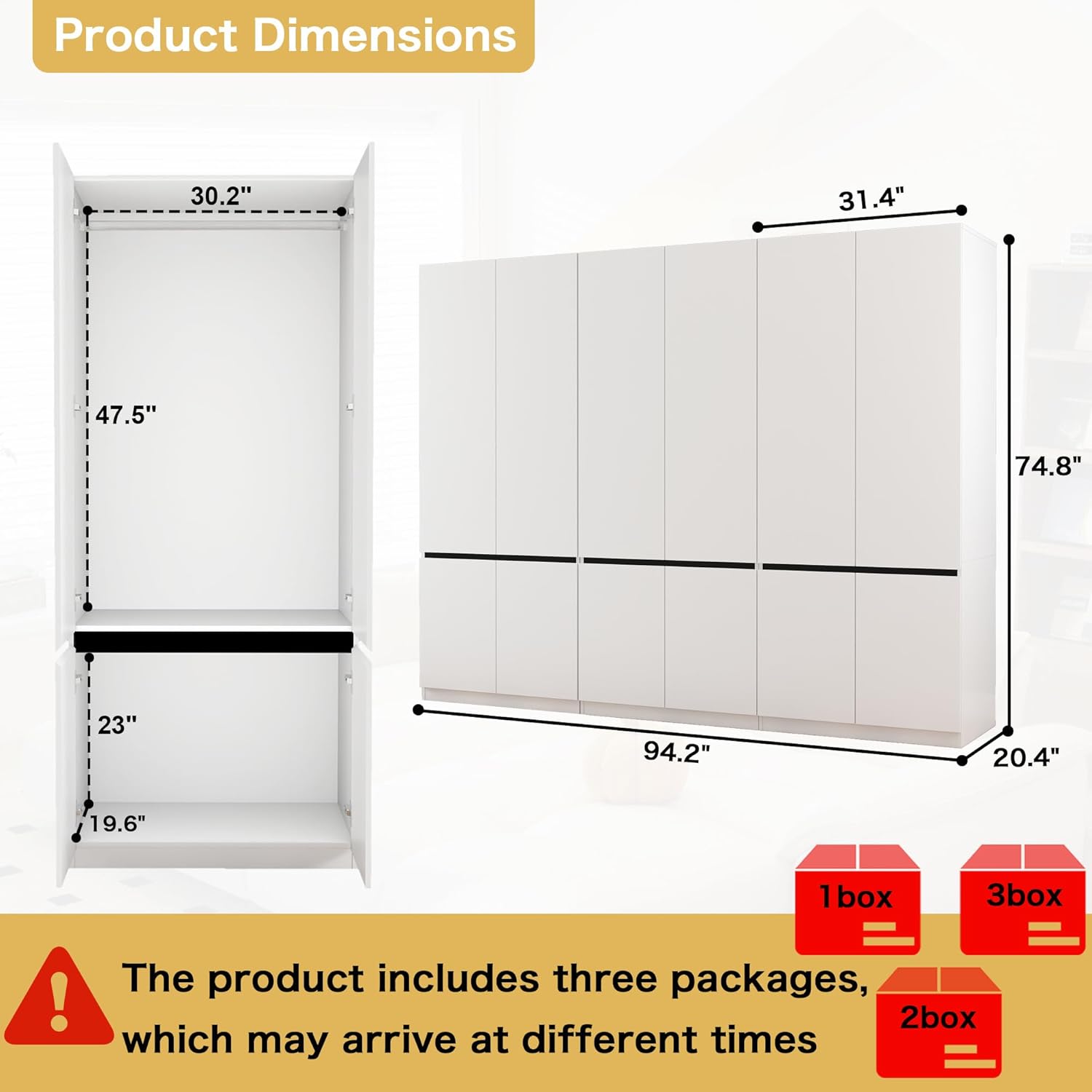 White Armoire Wardrobe Closet: 74 Wooden Wardrobe Closet with 6 Doors, Bedroom Armoires with Hanging Rod, Tall Closets Cabinet for Hanging Clothes (94.5)
