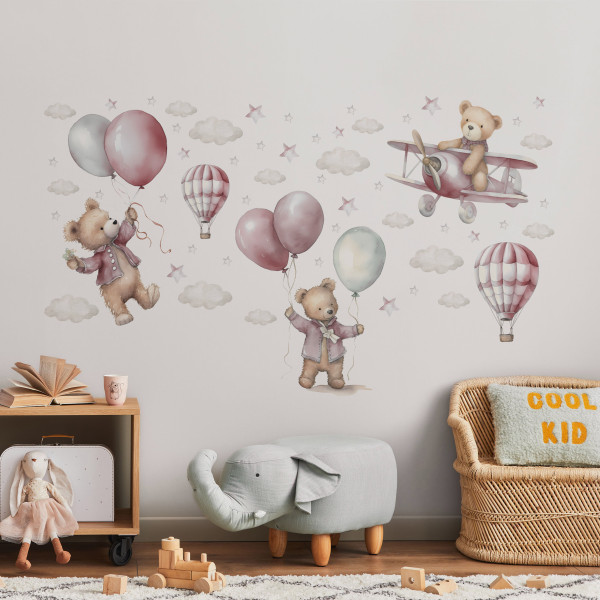Naklejki Dla Dzieci Misie Z Balonami W Stylu Boho ZESTAW