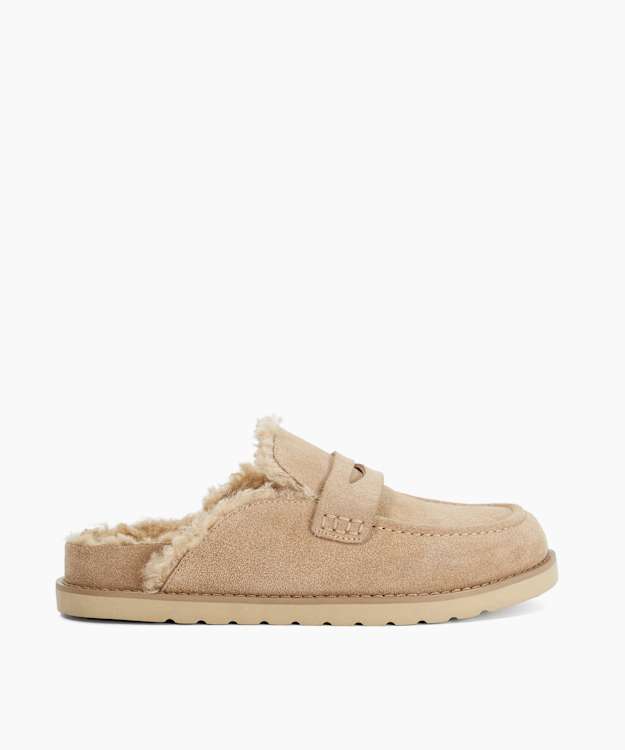Goldy Beige - Faux Shearling Lined Backless Mule Suede Loafers