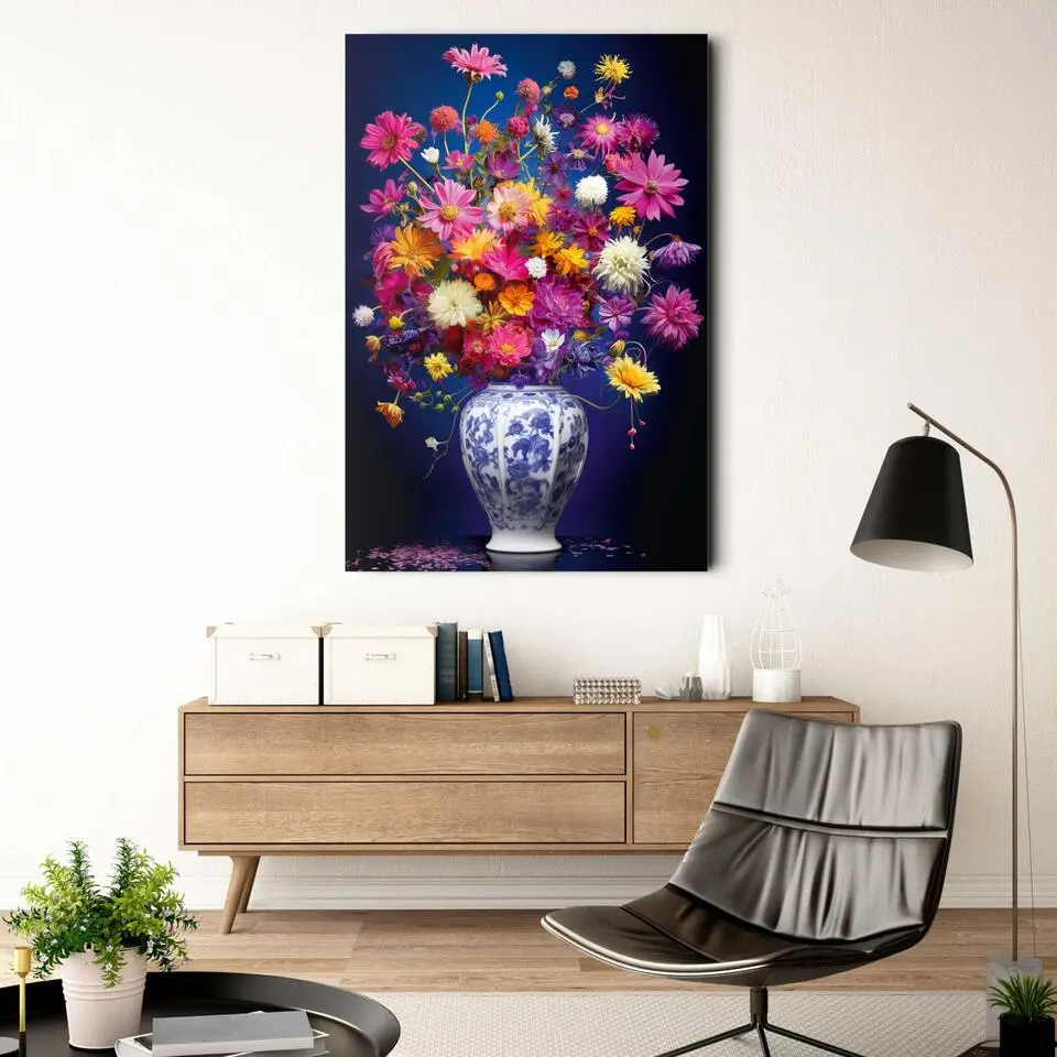 Glasschilderij Delft Bloemen - 116 x 78 - Bont