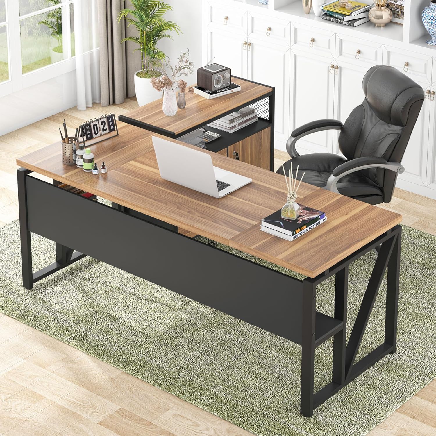 Tribesigns 63 Executive with Drawer Cabinet, L Shaped Desk and Lock lateral File Cabinet, 2 Piece Home Office Furniture Set with Drawers for Hanging File, (Brown, 63 inches)