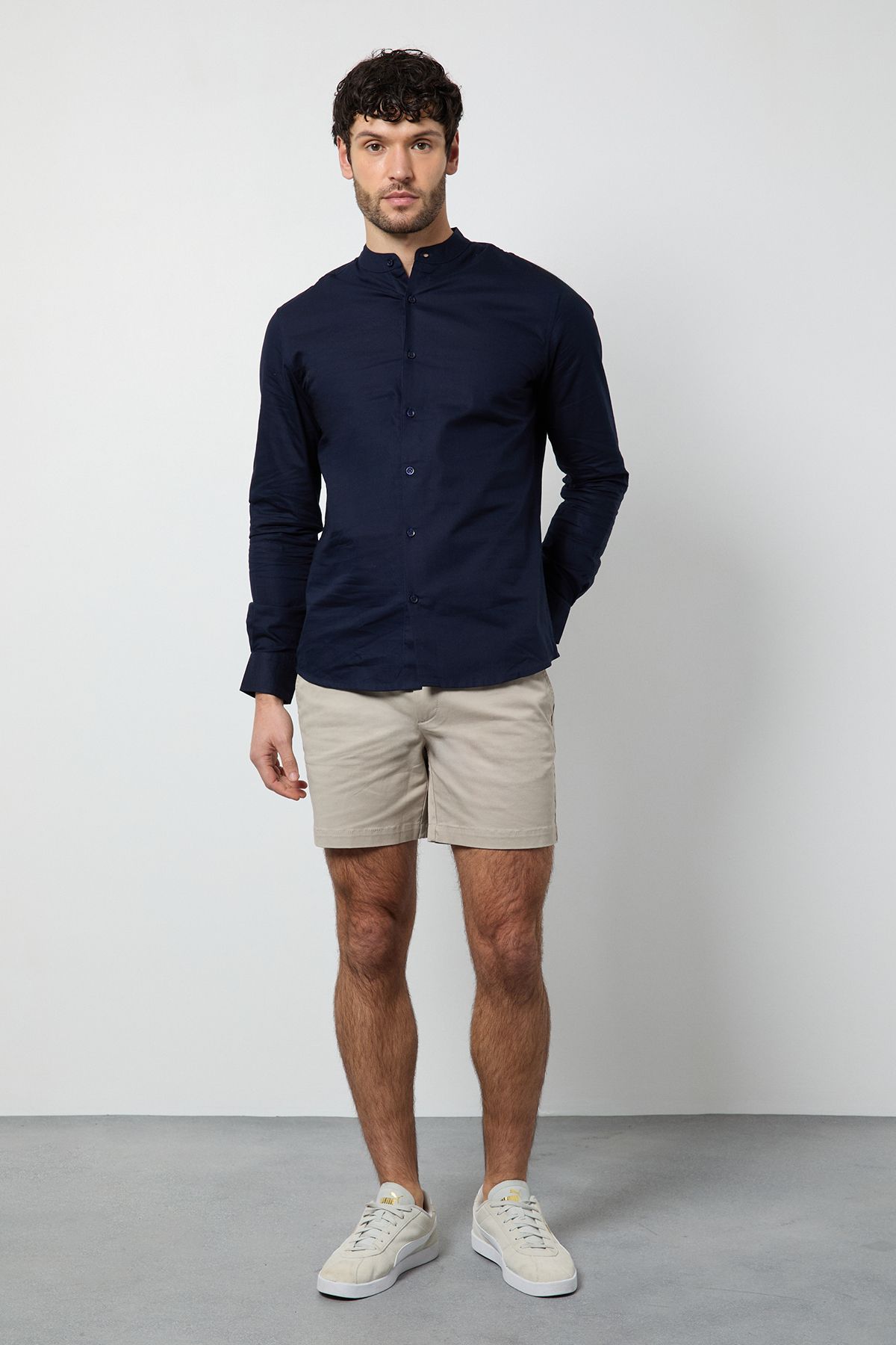 Burton Navy Oxford Grandad Long Sleeve Shirt