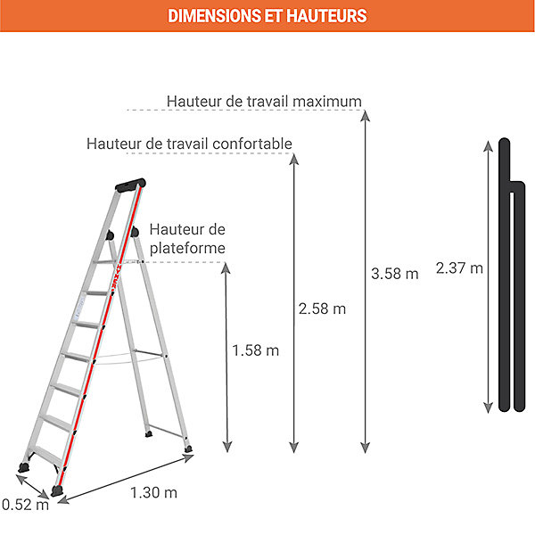 Escabeau 7 marches - Hauteur atteignable 3.58m - 4026/07