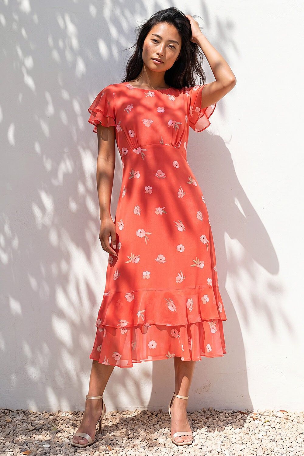 Roman Petite Floral Chiffon Frill Tiered Midi Dress