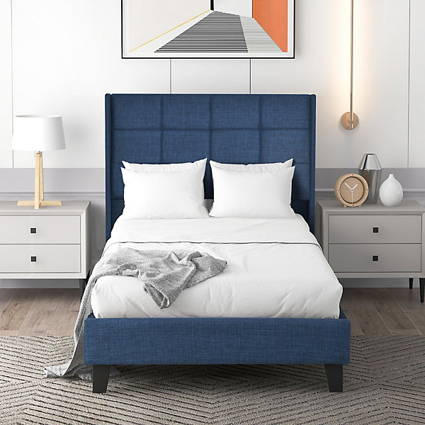 Lit simple 90x200 cm - Lit adulte capitonné avec sommier à lattes - Lin - Matelas Inclus - Bleu